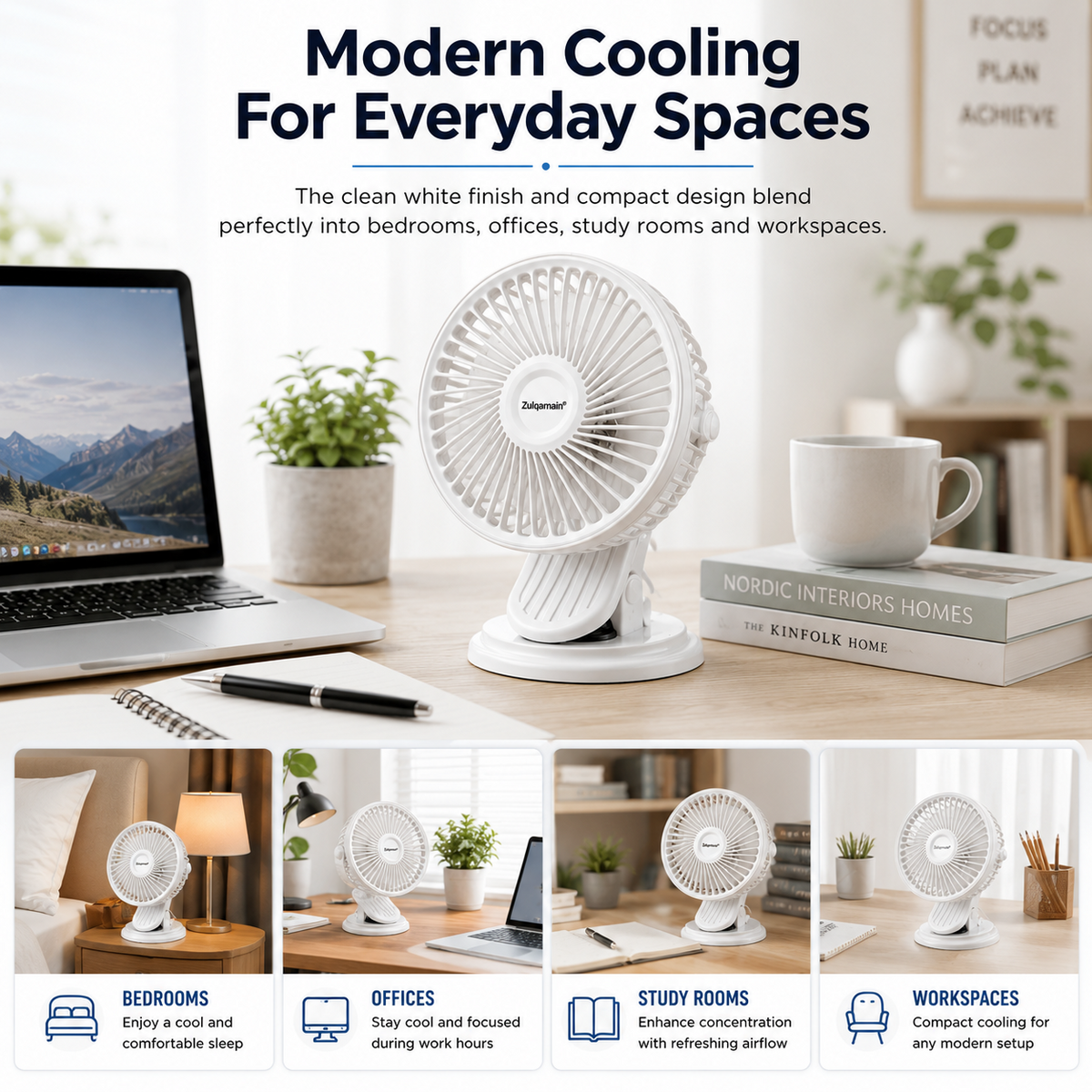 5 Inch USB White Clip Desk Fan 2 in 1 Portable Cooling Fan with 3 Speed Settings