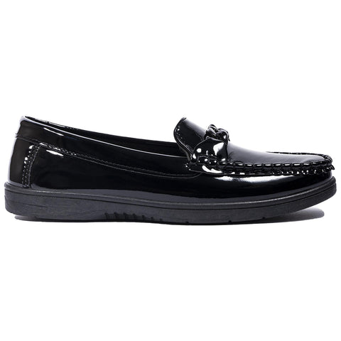 A2Z Kids Girls Women Black PU Patent Leather Chain Decorated Loafers Low Heel School