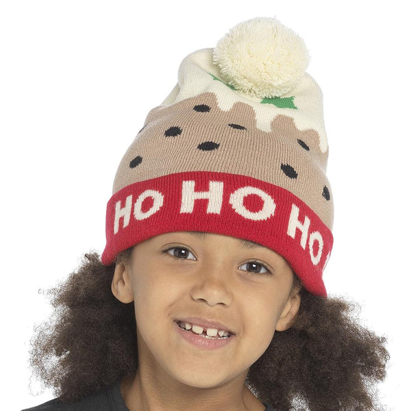 Kids Girls Hat Xmas Ho Ho Ho Pudding Knit Bobble Pom Pom Winter Warm Cozy Hats