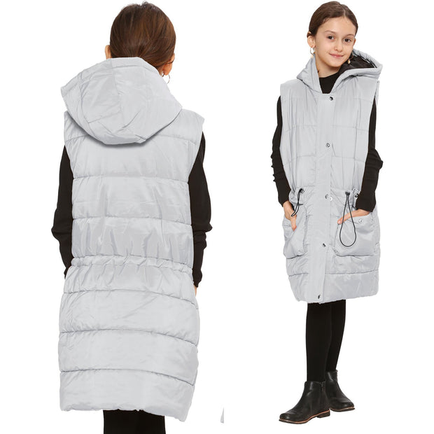 A2Z Kids Girls Down Vest Fashion Oversized White Hooded Quilted Gilet Padded Long Line Vest Jacket Long Sleeveless Coat Urban Winter Wear Age 7-13 Years