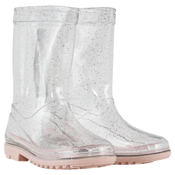 Toddlers Girls Wellies Crystal Clear Pink Glitter Waterproof Lightweight PVC
