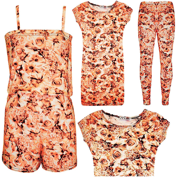 Girls Amber Foral Print Skater Dress Midi Dress Crop Top Legging Jump, Play Suit