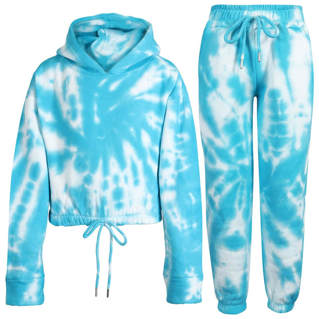 Kids Tie Dye Tracksuit Gym Cropped Hoodie Sweatpants Cord Set Girls Age 5-13