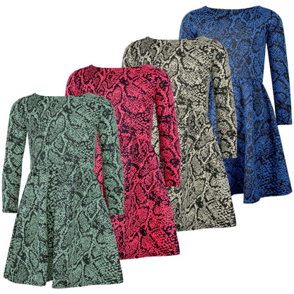 Kids Girls Skater Dress Long Sleeve Snake Flared Party Summer Dresses 5-13