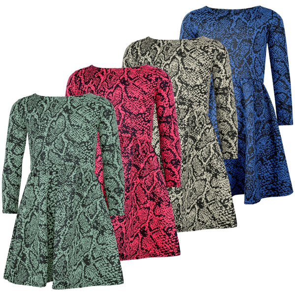 Kids Girls Skater Dress Long Sleeve Snake Flared Party Summer Dresses 5-13
