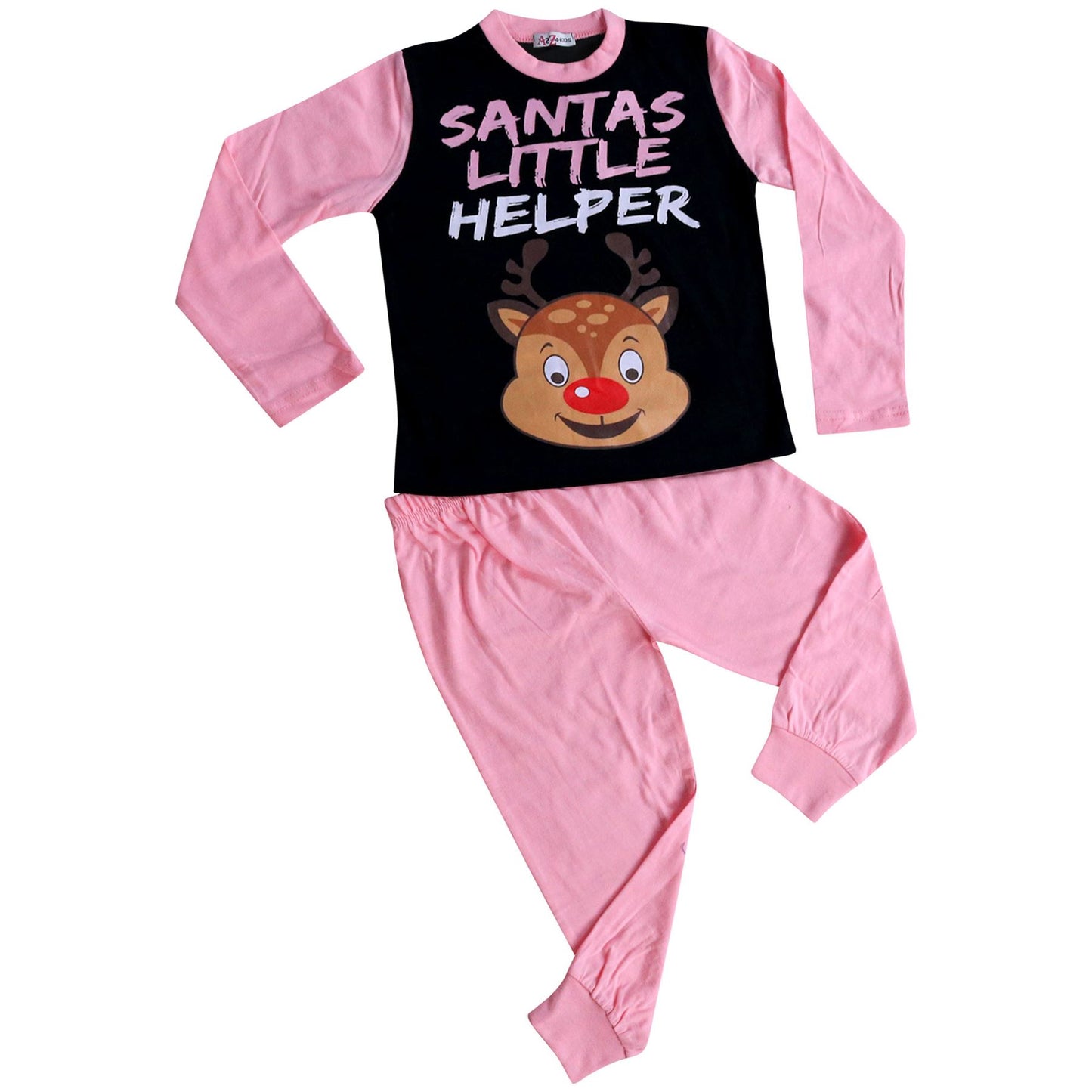 Kids Girls Boys Pyjamas Santas Little Helper Reindeer Contrast Sleeves Xmas PJS