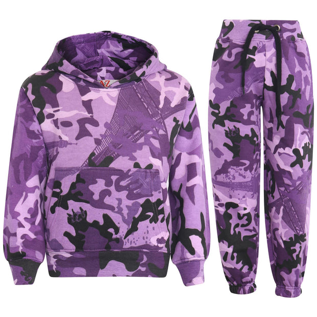 A2Z 4 Kids Girls Boys Unisex Tracksuit Camouflage Purple Print Hooded Sweat Hoodie & Bottom Jog Suit Joggers Age 5 6 7 8 9 10 11 12 13 Years