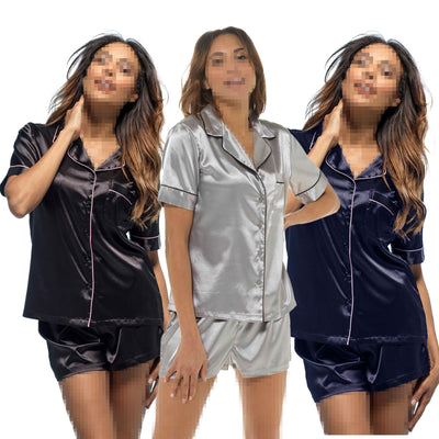 A2Z Ladies Silk Satin Pyjamas Set Button Down Top Shorts PJS Contrast Piping Elegant Sleepwear Loungewear Bride PJS Set for Women