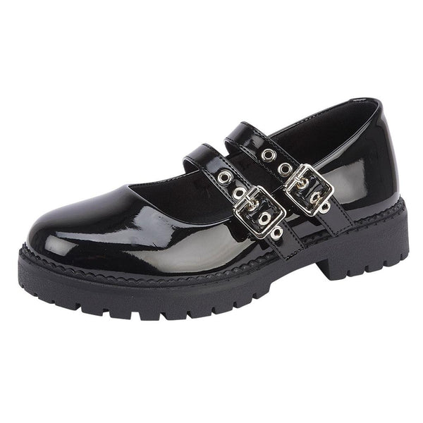 Kids Girls Chunky Mary Jane Black Patent School Shoes Twin Buckle Smart Footwear