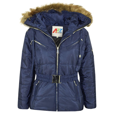 A2Z 4 Kids Kids Girls Jackets Navy Puffer Hooded Stylish Detachable Faux Fur Padded Zipped Belted Slim Fit Warm Coats New Age 5 6 7 8 9 10 11 12 13 Years