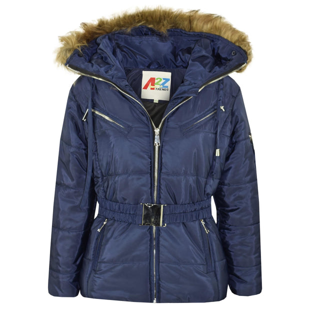 A2Z 4 Kids Kids Girls Jackets Navy Puffer Hooded Stylish Detachable Faux Fur Padded Zipped Belted Slim Fit Warm Coats New Age 5 6 7 8 9 10 11 12 13 Years